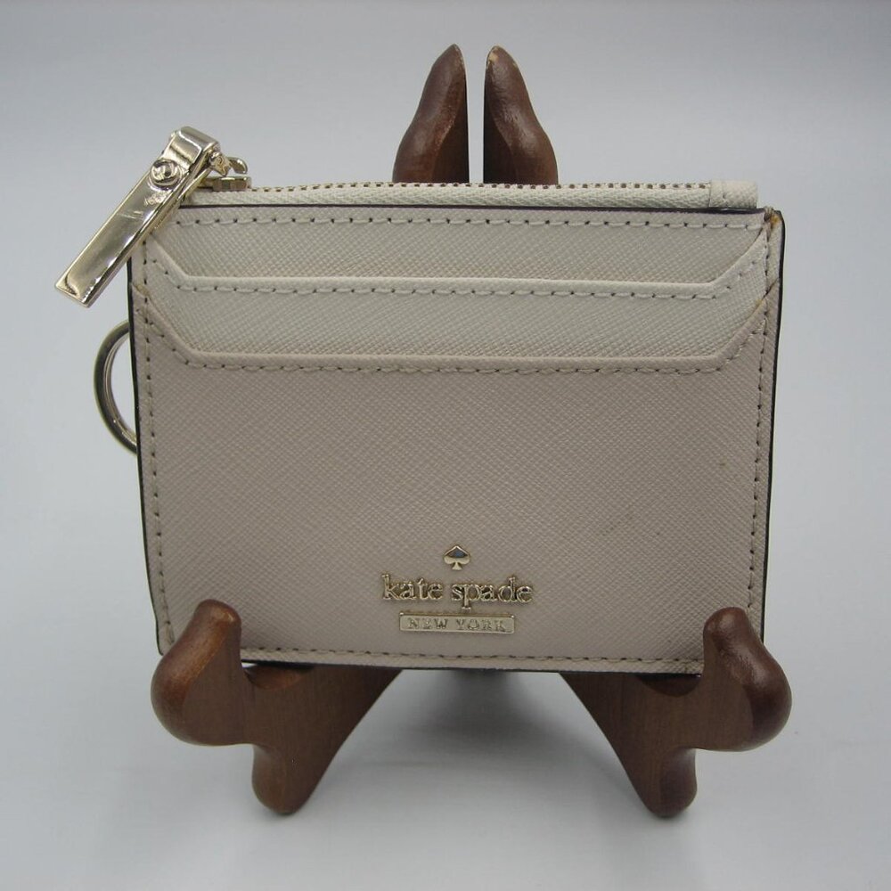 Kate Spade Coin Card Holder Key Chain Taupe & Ivory Color NEW